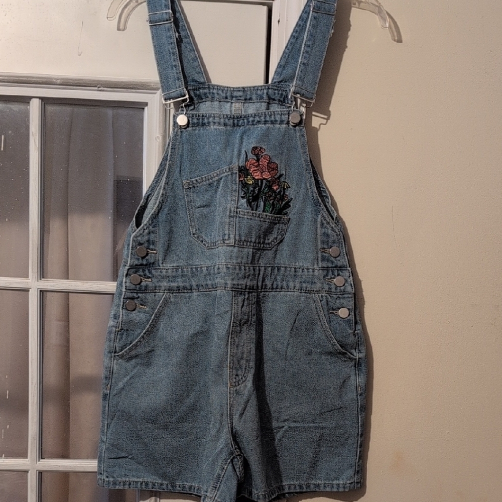 SHEIN Blue Denim Overalls with Embroidered Floral Design